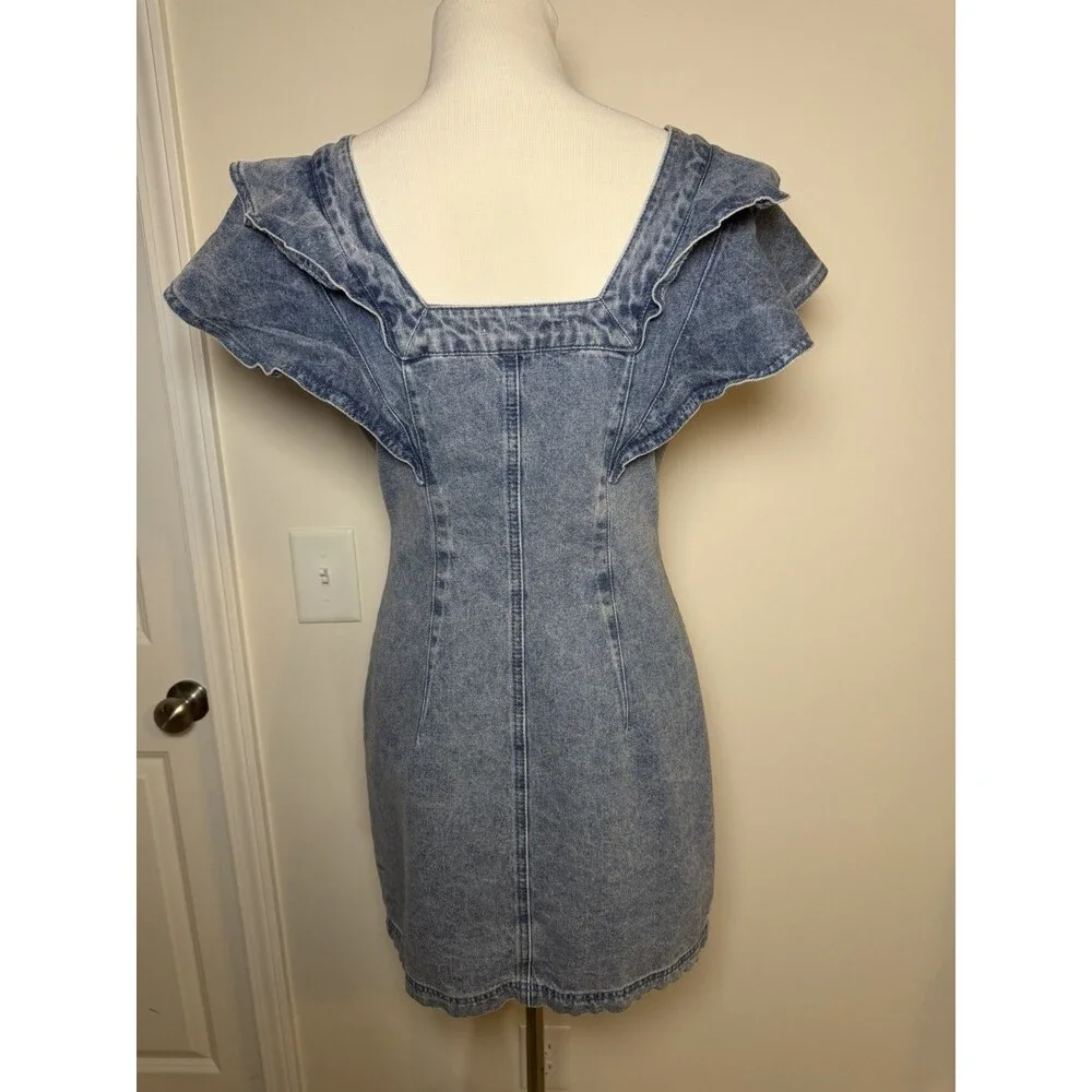 Avec Les Filles Women's Blue Denim Snap-Front Ruffle Western Dress Size Medium